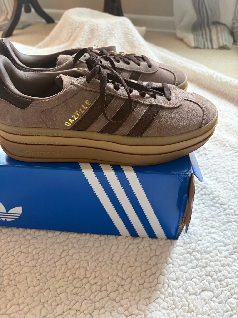 adidas Women’s Brown Suede Sneakers with Dark Brown Stripes and Gold Accents